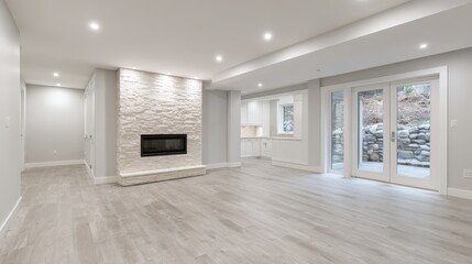 Fototapeta premium Bright and Spacious Modern Basement Interior with Fireplace and Walkout to Garden - Architectural Photography