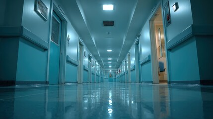 Fototapeta premium Hospital Corridor Perspective with Clinic Doors and Shiny Floors Reflecting Light in a Healthcare Setting