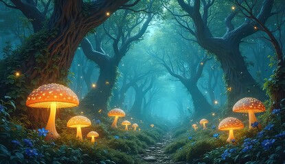 Enchanting magical forest path illuminated by glowing mushrooms and fireflies