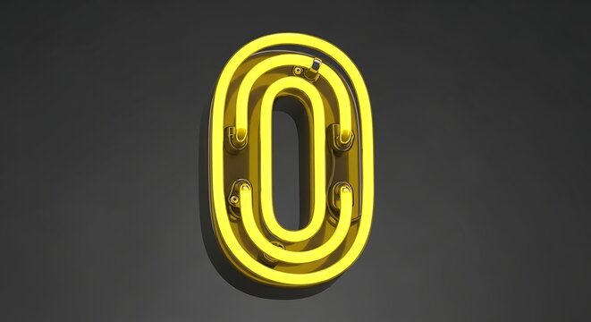 Yellow Neon Number Zero Sign Glowing Against Dark Background.