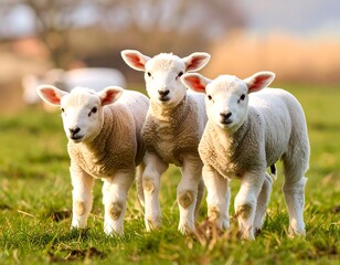 Three adorable lambs in a grassy field