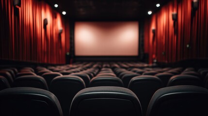Fototapeta premium Empty Movie Theater Auditorium with Red Curtains and Comfortable Seating Awaiting Patrons