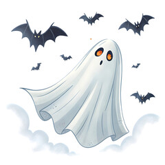 Friendly Ghost & Bats: Spooky Halloween Illustration on transparent background