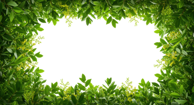 Lush green foliage arch frame, yellow botanical accents, hyperdetailed, symmetrical, transparent studio background, high-key lighting, template for natural product presentation