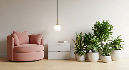 A cozy living room interior with a comfortable pink armchair, a white cabinet, and a variety of potted plants, creating a serene and inviting atmosphere for relaxation and enjoyment