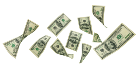 Pristine, vibrant green and crisp white US one-hundred-dollar bills floating in mid-air against a transparent background with negative space, financial freedom and success concept