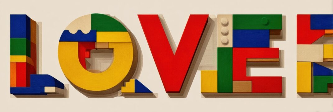 Colorful Letters Forming the Word Love Constructed From Modular Blocks Displayed on a Neutral Background