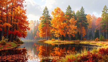 Obraz premium Autumn forest with orange and red leaves reflecting in a quiet pond