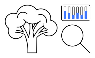 Tree icon, magnifying glass, and bar chart emphasize nature, scientific research, climate study, sustainability, eco-friendliness, environmental protection and data analytics. Ideal for eco