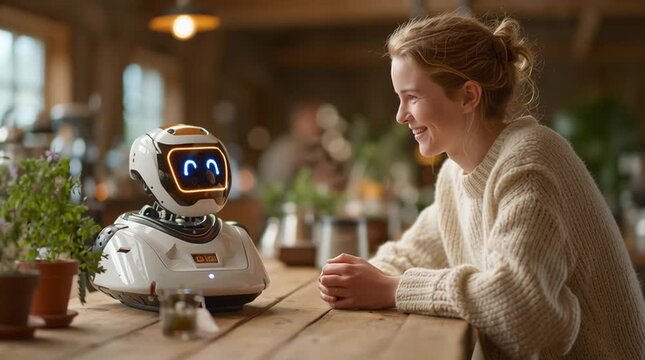 A humanoid robot is having an engaging conversation with a woman in a cozy kitchen, with a warm and friendly expression. The calm, welcoming setting highlights the robot&rsquo;s role as a companion and assi