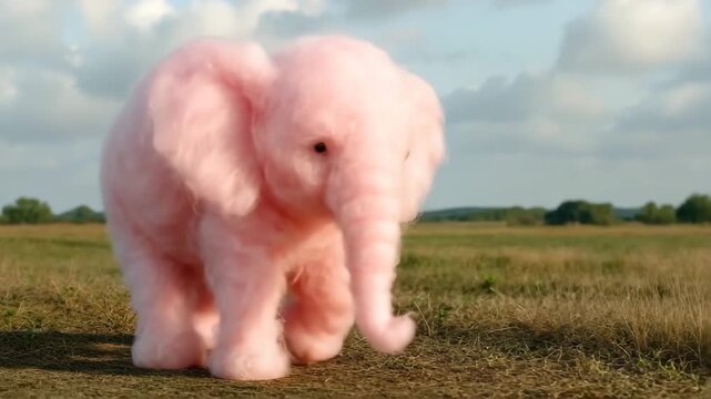 Pink elephant walking in a field