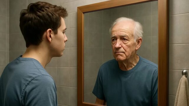 Young man looking at his future self in the mirror