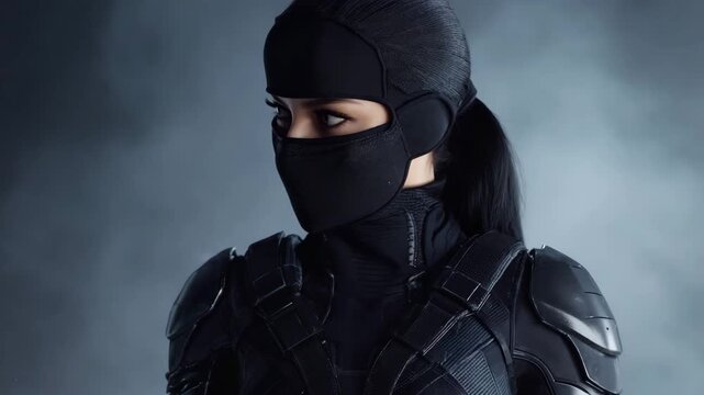 Cyberpunk ninja woman slightly turning head