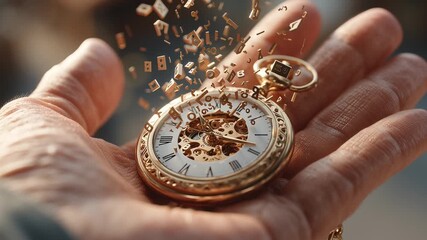 A golden pocket watch is shattering into pieces in the hand of a person, symbolizing the breaking of time or the end of an era. The floating fragments enhance the dramatic visual, representing the fra - Powered by Adobe
