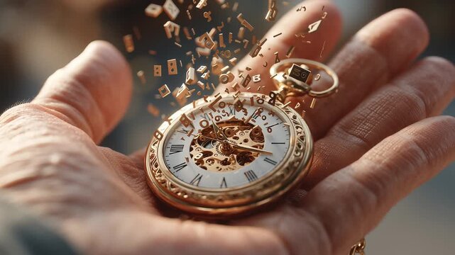 A golden pocket watch is shattering into pieces in the hand of a person, symbolizing the breaking of time or the end of an era. The floating fragments enhance the dramatic visual, representing the fra
