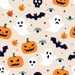 Fototapeta premium Cute Halloween Pattern with Ghosts Pumpkins Bats and Eyes.