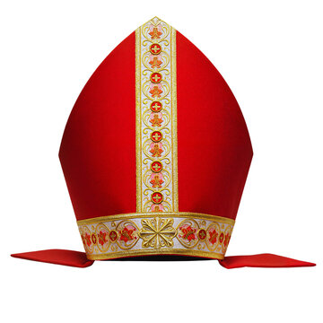 Red bishop hat isolated, concept of isolation, on a transparent background, without a background, copy space  