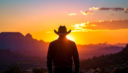 A cowboy stands facing a breathtaking sunset over a mountainous landscape, silhouetted against an orange sky