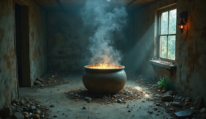 Mysterious cauldron bubbles with magical fire and smoke in rustic dungeon