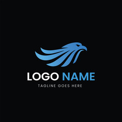 Fototapeta premium A blue gradient eagle head logo with dynamic, flowing wings, set against a dark background with placeholder text.