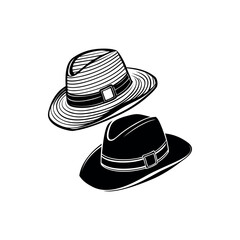 Two elegant fedora hats in a minimalist black and white vector drawing