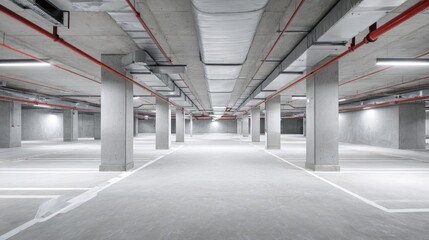 Empty Underground Parking Garage with Concrete Pillars and Red Pipes for Security and Safety Systems