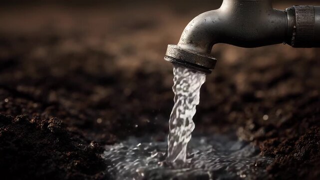 Fresh water flowing from metal tap to ground concept of irrigation agriculture environment natural resources and clean water supply for farming and life