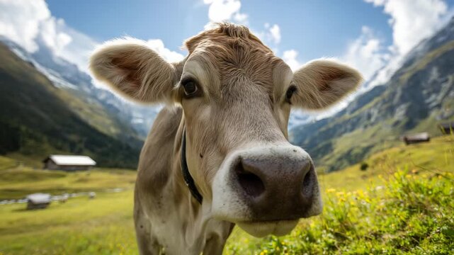 Funny close up of cow face in green meadow with mountains on background concept of farm animal agriculture countryside rural life and nature humor