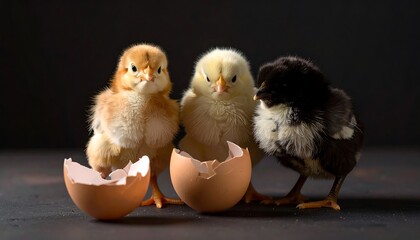 Three baby chicks near a broken egg shell