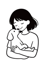 A black and white illustration of a young girl with closed eyes gently hugging and kissing a small puppy, conveying love and affection between a child and their pet.