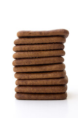 A stack of chocolate biscuit on a white background