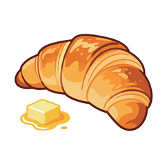 A mouth-watering and detailed illustration of a golden croissant next to a melting cube of butter, representing delicious breakfast food, French bakery, and culinary delights.