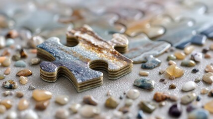 Detailed View of Stacked Puzzle Pieces Showing Painted Design Surrounded by Small Rocks on a Gray Surface, Shot Indoors