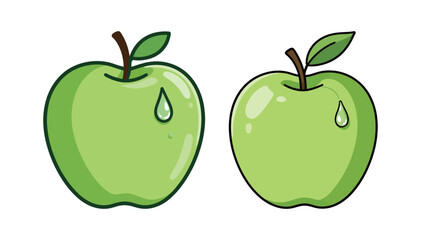 A duo of clean and simple illustrations showing two shiny green apples with a single water droplet on each, representing fresh fruit, healthy eating, and natural purity.