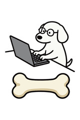 A simple and humorous illustration of a cartoon dog wearing glasses and typing on a laptop, with a bone lying in front of it, representing a tech-savvy pet and a lighthearted take on work.