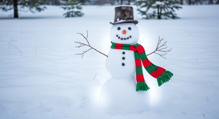 Fototapeta premium Smiling Snowman with Top Hat and Scarf Glowing in a Snowy Field.