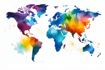 Fototapeta premium Abstract Watercolor World Map with Bright Colors - Vibrant Watercolor Map with Rich Purple, Red, and Yellow Tones, Perfect for Creative Decor and Education