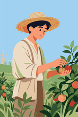 A vibrant and stylized illustration of a happy young farmer with a straw hat, smiling as they harvest ripe oranges from a fruit tree in an orchard, representing agriculture and harvest season.