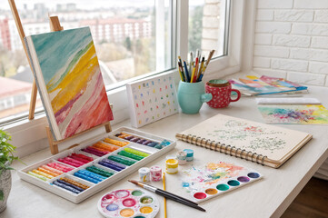 art studio for creativity, place to write pictures, paints, easel