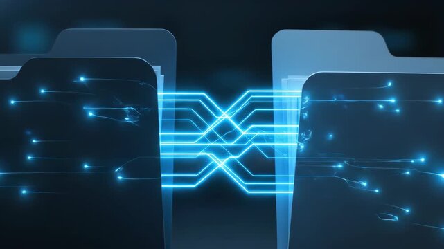 Two folders data exchange with neon glowing line digital transfer futuristic blue technology, secure network communication, abstract connection, file sharing, innovation, modern data transfer