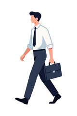 A confident businessman in a white shirt and tie walking while holding a briefcase. The illustration has a simple, modern, and professional style.