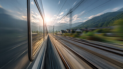 High-speed train moving through a scenic landscape, motion blur effect, sunlight glinting off metal, dynamic and futuristic travel vibe.