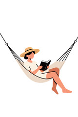 Fototapeta premium A woman in a white dress and a straw hat, reading a book while relaxing in a hammock. The illustration is a minimalist depiction of a tranquil activity.