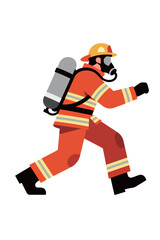 A firefighter wearing a full uniform, including a helmet and an oxygen mask, is running forward, conveying a sense of urgency and action.