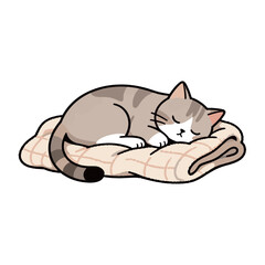 A cute and fluffy cat with tabby markings sleeping peacefully on a quilted blanket or cushion. The illustration captures a cozy, restful scene.