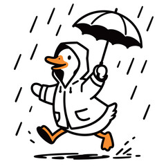 A cute and smiling duck cartoon wearing a raincoat and holding an umbrella, running through the rain with joy. The illustration is in black and white line art with a touch of color.