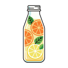 A glass bottle filled with a refreshing drink, including slices of orange, lemon, and mint leaves. The illustration is bright and vibrant, perfect for summer.