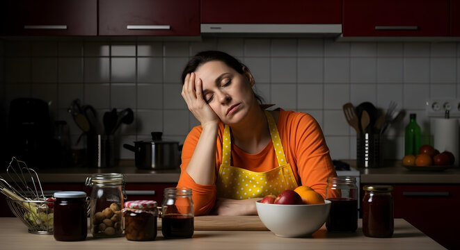 Tired woman in kitchen feeling exhausted after cooking homemade preserves late at night - Powered by Adobe