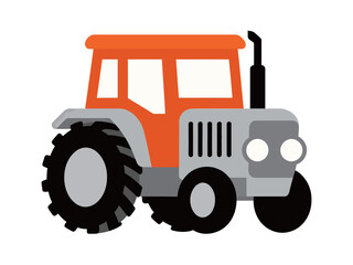 A simple, cartoon illustration of an orange and gray tractor, a vehicle used for farming and agriculture. The design is modern and clean.
