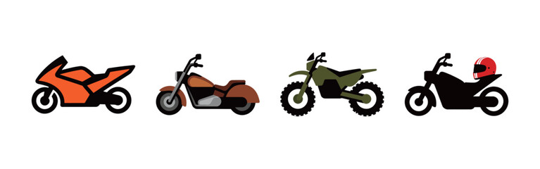A collection of four different motorcycle styles, including a sport bike, a chopper, a dirt bike, and a street bike, showcasing various types of vehicles. © cheng